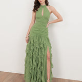 Anaya With Love Recycled Green Tea Halter Neck Waterfall Ruffle Maxi Dress