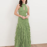 Anaya With Love Recycled Green Tea Halter Neck Waterfall Ruffle Maxi Dress