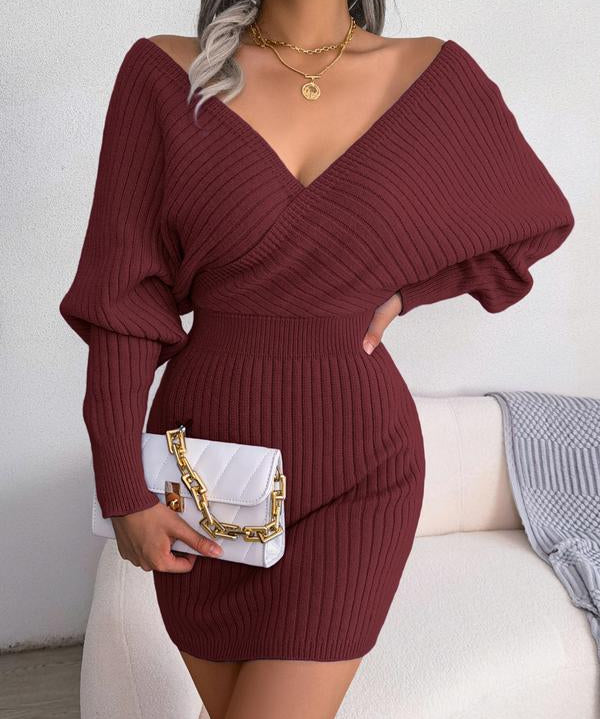 BLAKE™ - Wrapped V-Neck Sweater Dress with Slim-Fit Long Sleeves
