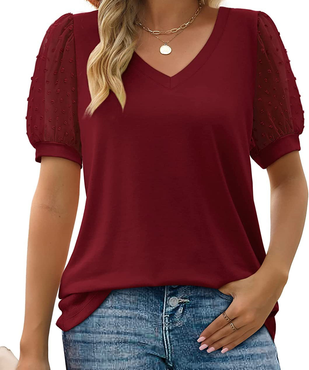 RHINA™ - Sheer Sleeve V-Neck Top