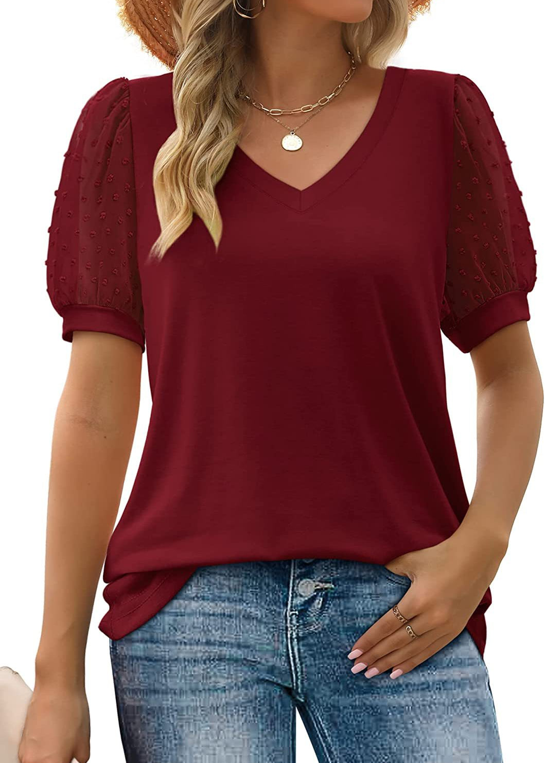 RHINA™ - Sheer Sleeve V-Neck Top