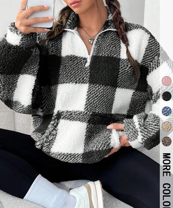 SAVANNAH™ - Stylish Plaid Print Half Zip Sweatshirt Casual Long Sleeve