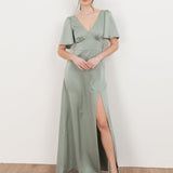 Maya Sage Green V Neck Angel Sleeve Satin Maxi Dress