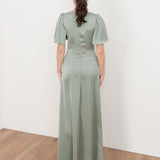 Maya Sage Green V Neck Angel Sleeve Satin Maxi Dress