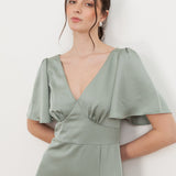 Maya Sage Green V Neck Angel Sleeve Satin Maxi Dress