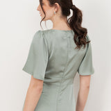 Maya Sage Green V Neck Angel Sleeve Satin Maxi Dress