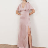 Maya Blush V Neck Angel Sleeve Satin Maxi Dress