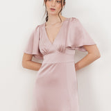Maya Blush V Neck Angel Sleeve Satin Maxi Dress