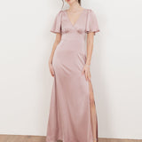 Maya Blush V Neck Angel Sleeve Satin Maxi Dress