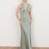 Maya Sage Green Sleeveless V Neck Satin Maxi Dress