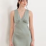 Maya Sage Green Sleeveless V Neck Satin Maxi Dress