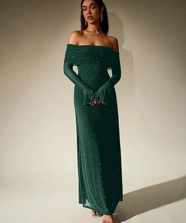 ANDREA™ - Women's Off-The-Shoulder Ruched Contrast Sequin Bodycon Dress