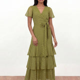 Anaya With Love Recycled Olive Faux Wrap Ruffle Midaxi Dress