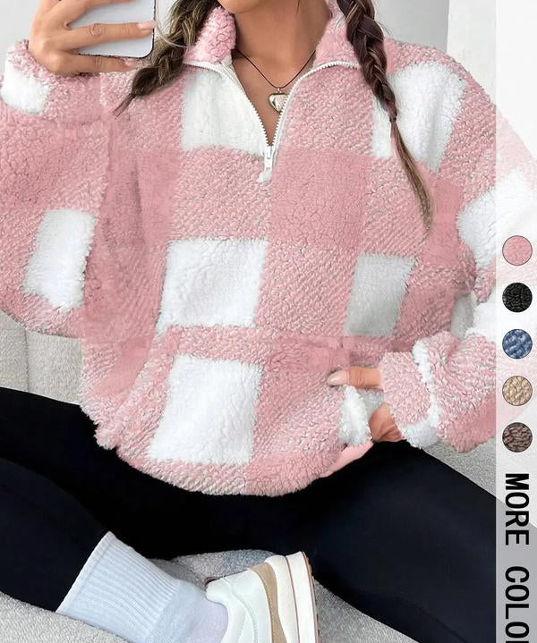 SAVANNAH™ - Stylish Plaid Print Half Zip Sweatshirt Casual Long Sleeve
