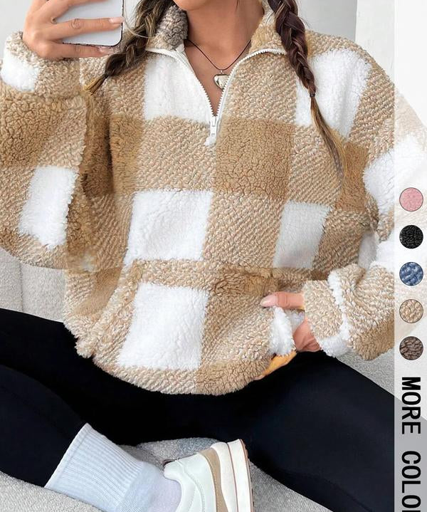 SAVANNAH™ - Stylish Plaid Print Half Zip Sweatshirt Casual Long Sleeve