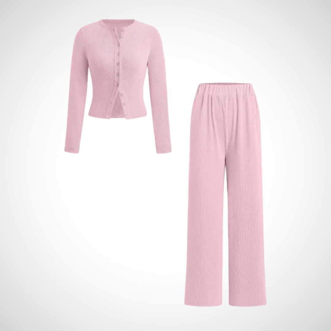 COLY™ - Comfy Button Front Long Sleeve Top and Pants Set