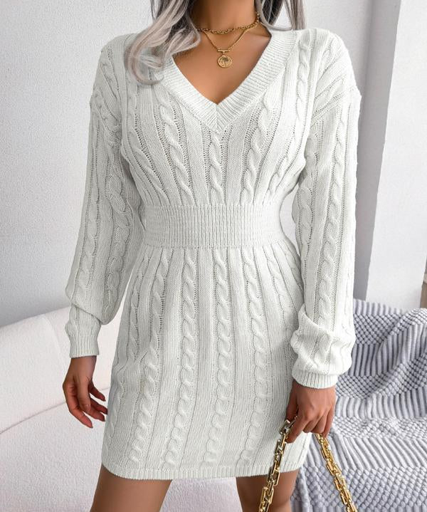 HOLLY™ - Cozy Long Sleeve V-Neck Cable Knit Sweater Dress