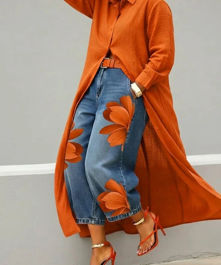 Maud - Linen Shirt Dress and Floral Jeans