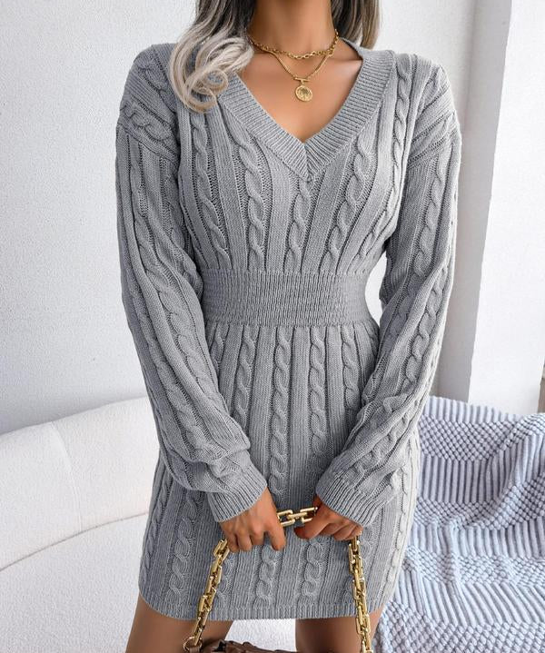 HOLLY™ - Cozy Long Sleeve V-Neck Cable Knit Sweater Dress
