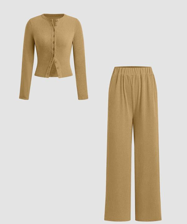 FLORLIE™ - Women’s Ribbed Crop Top & Elastic Waist Pants Casual Set