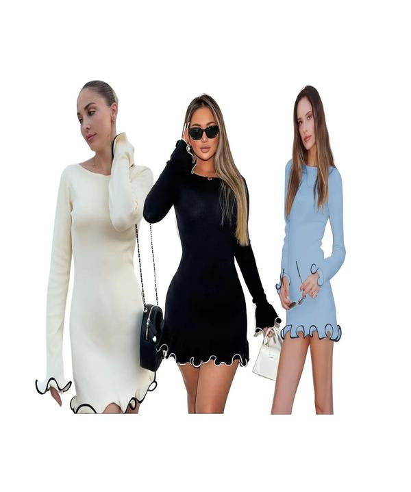 SARAH™ - Elegant Colorblock Wave Hem A-Line Long Sleeve Dress