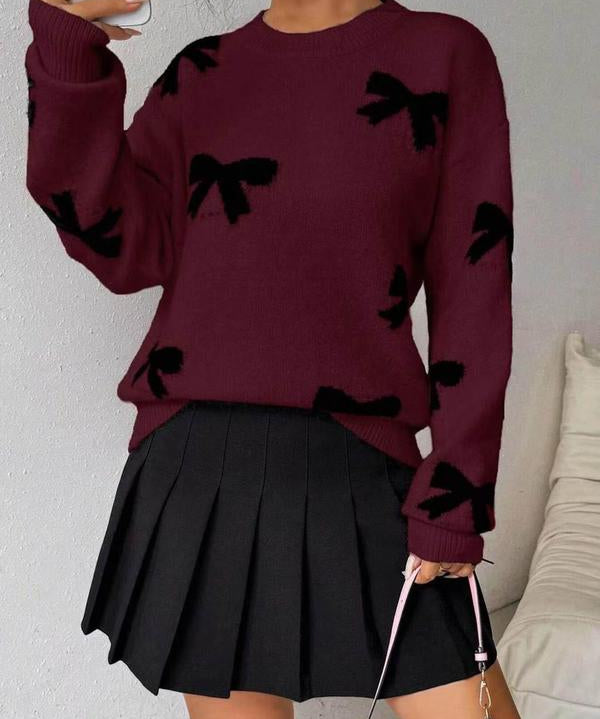 FRANCES™ - Fashionable Bow Print O-Neck Knit Winter Sweater Pullover