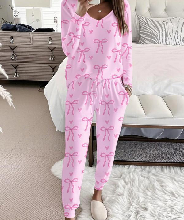 HALLIE™ - Bow Print V-Neck Long Sleeve Top & Tie Waist Pants Set