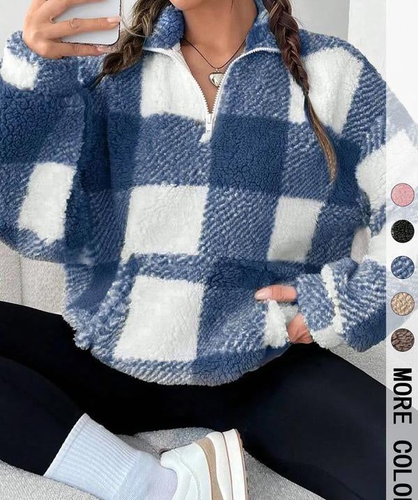 SAVANNAH™ - Stylish Plaid Print Half Zip Sweatshirt Casual Long Sleeve