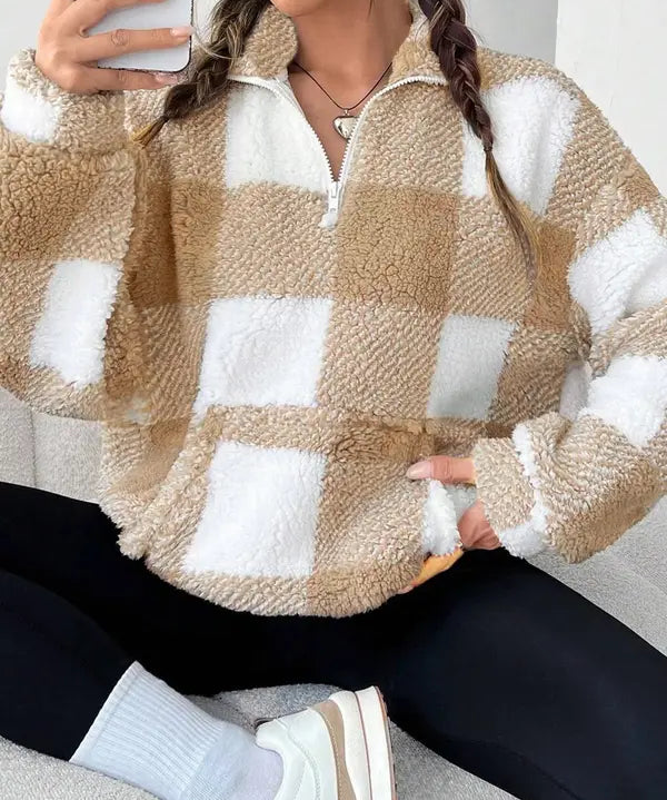 MALDA™ - Chic Plaid Print Half Zip Long Sleeve Sweater