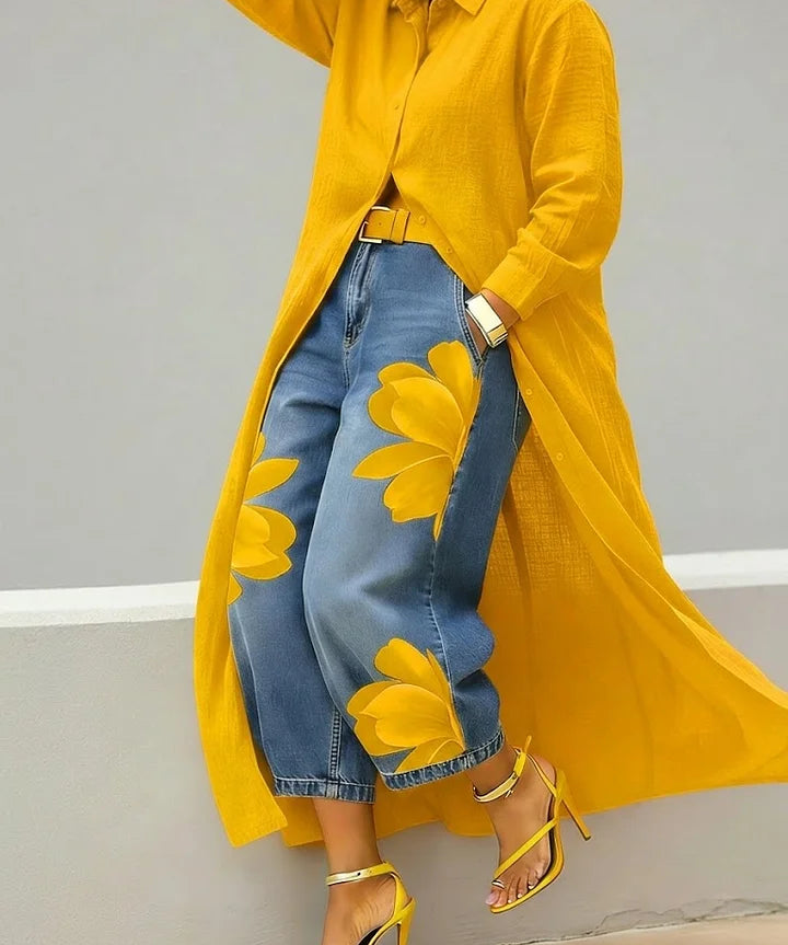 Maud - Linen Shirt Dress and Floral Jeans