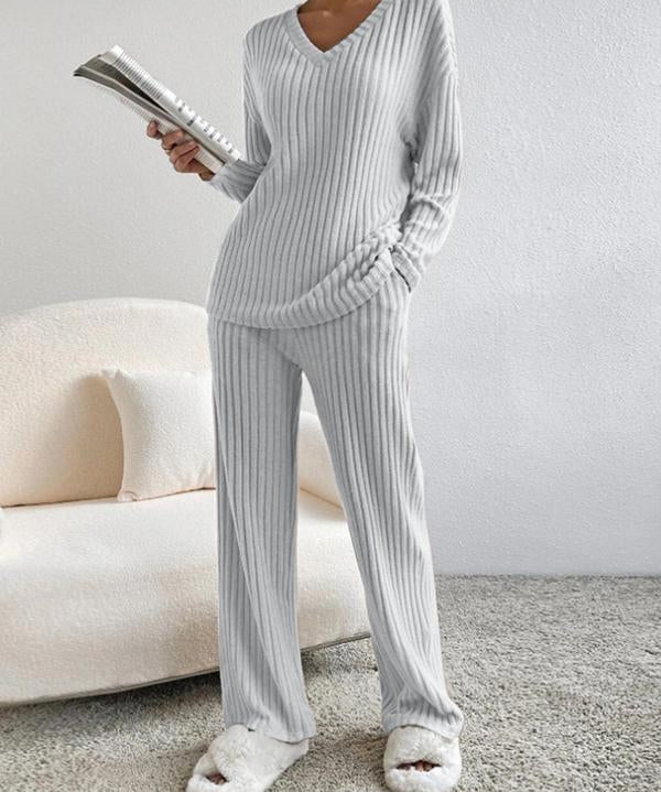 SUMMER™ - Casual V-Neck Long Sleeve Top & Straight Leg Lounge Pants Set