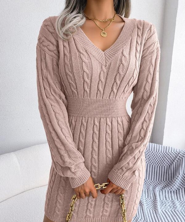 HOLLY™ - Cozy Long Sleeve V-Neck Cable Knit Sweater Dress