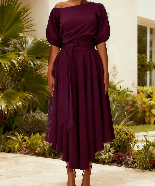 ZEBY™ - Elegant Women's Belted Bishop Sleeve Boat Neck A-Line Dress