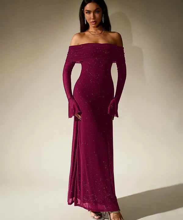 ANDREA™ - Women's Off-The-Shoulder Ruched Contrast Sequin Bodycon Dress