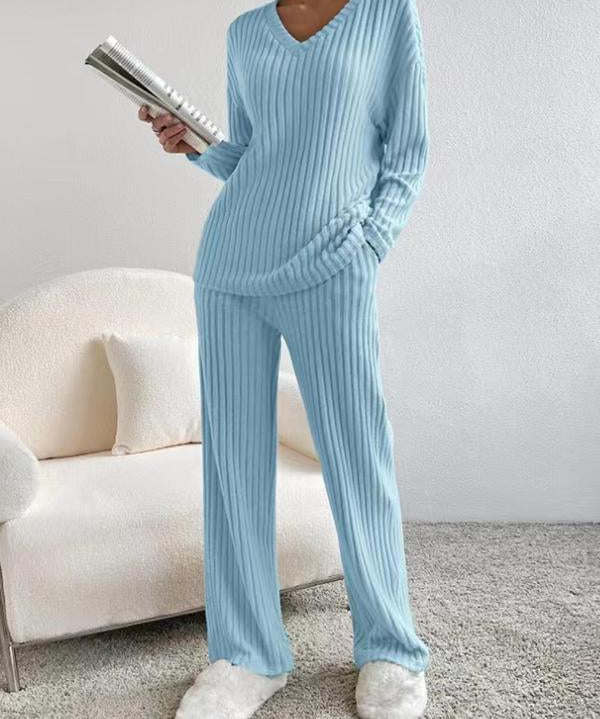 SUMMER™ - Casual V-Neck Long Sleeve Top & Straight Leg Lounge Pants Set