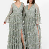 Maya Sage Green Fully Embellished Maxi Dress With Frill Detail