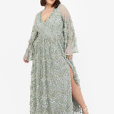 Maya Sage Green Fully Embellished Maxi Dress With Frill Detail