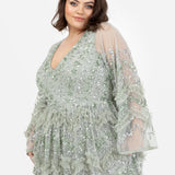 Maya Sage Green Fully Embellished Maxi Dress With Frill Detail