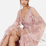 Maya Pink Fully Embellished Maxi Dress with Frill Detail