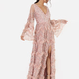 Maya Pink Fully Embellished Maxi Dress with Frill Detail