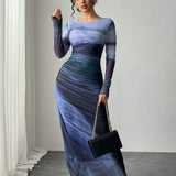 TORINA™ - Comfy Printed Long Sleeve Round Neck Bodycon Maxi Dress