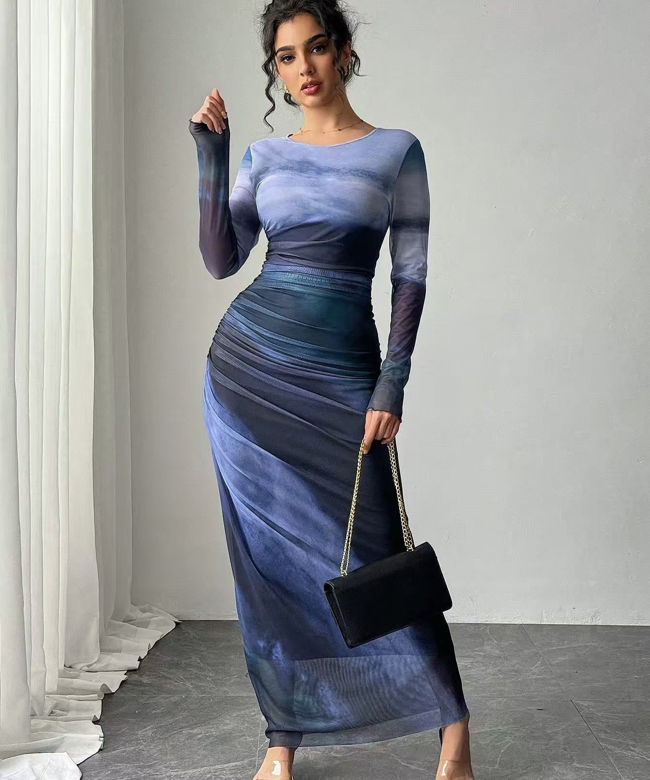 TORINA™ - Comfy Printed Long Sleeve Round Neck Bodycon Maxi Dress