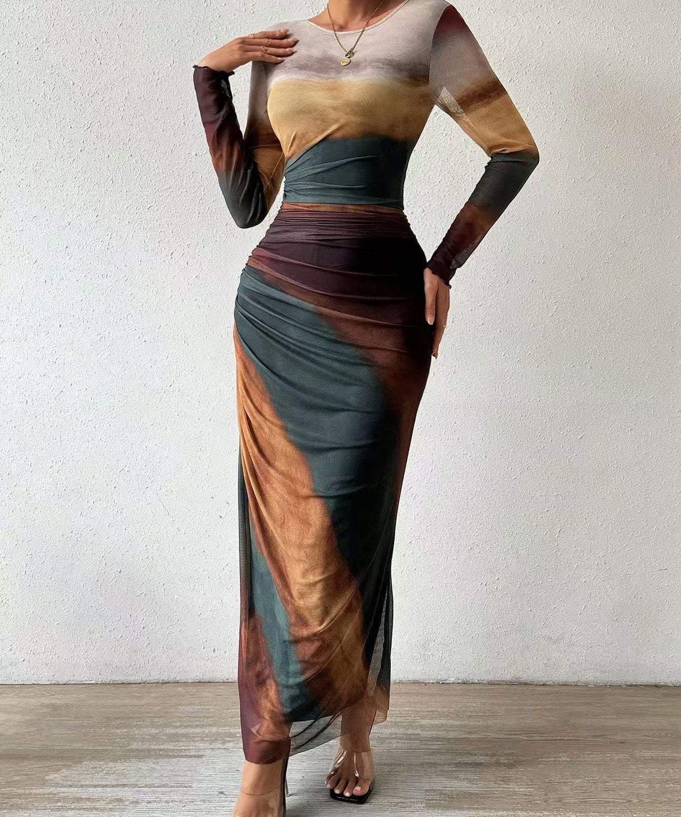 JULIA™ - Comfy Printed Long Sleeve Round Neck Bodycon Maxi Dress