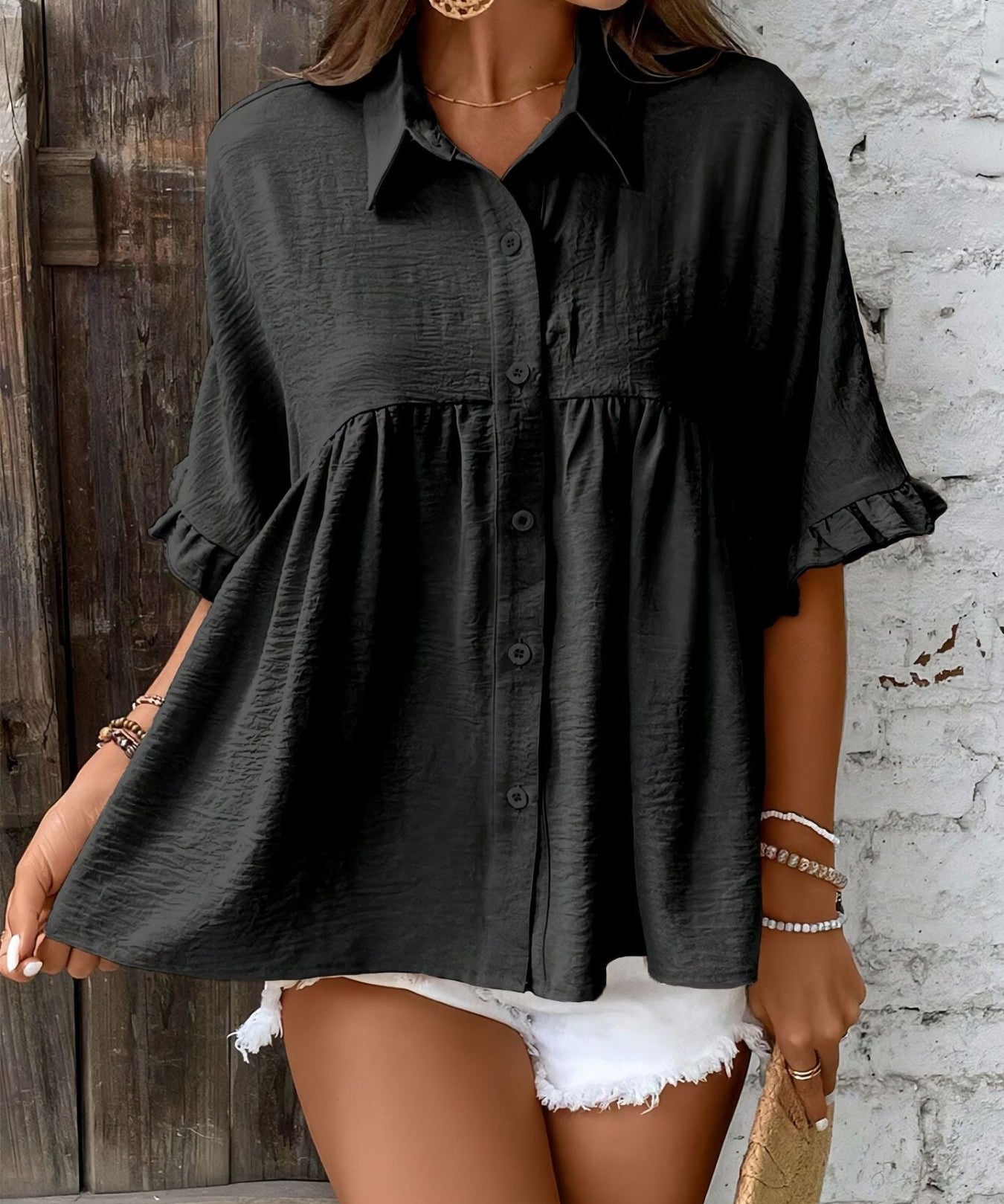 ELLASA™ - Casual Plus Size Ruffle Button-Front Blouse