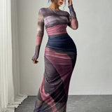 TORINA™ - Comfy Printed Long Sleeve Round Neck Bodycon Maxi Dress