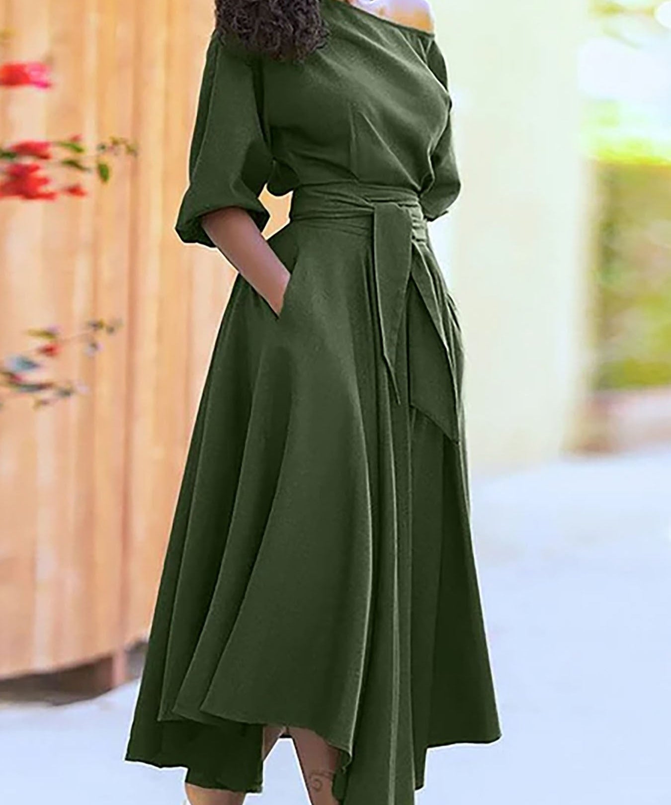 ZEBY™ - Elegant Women's Belted Bishop Sleeve Boat Neck A-Line Dress