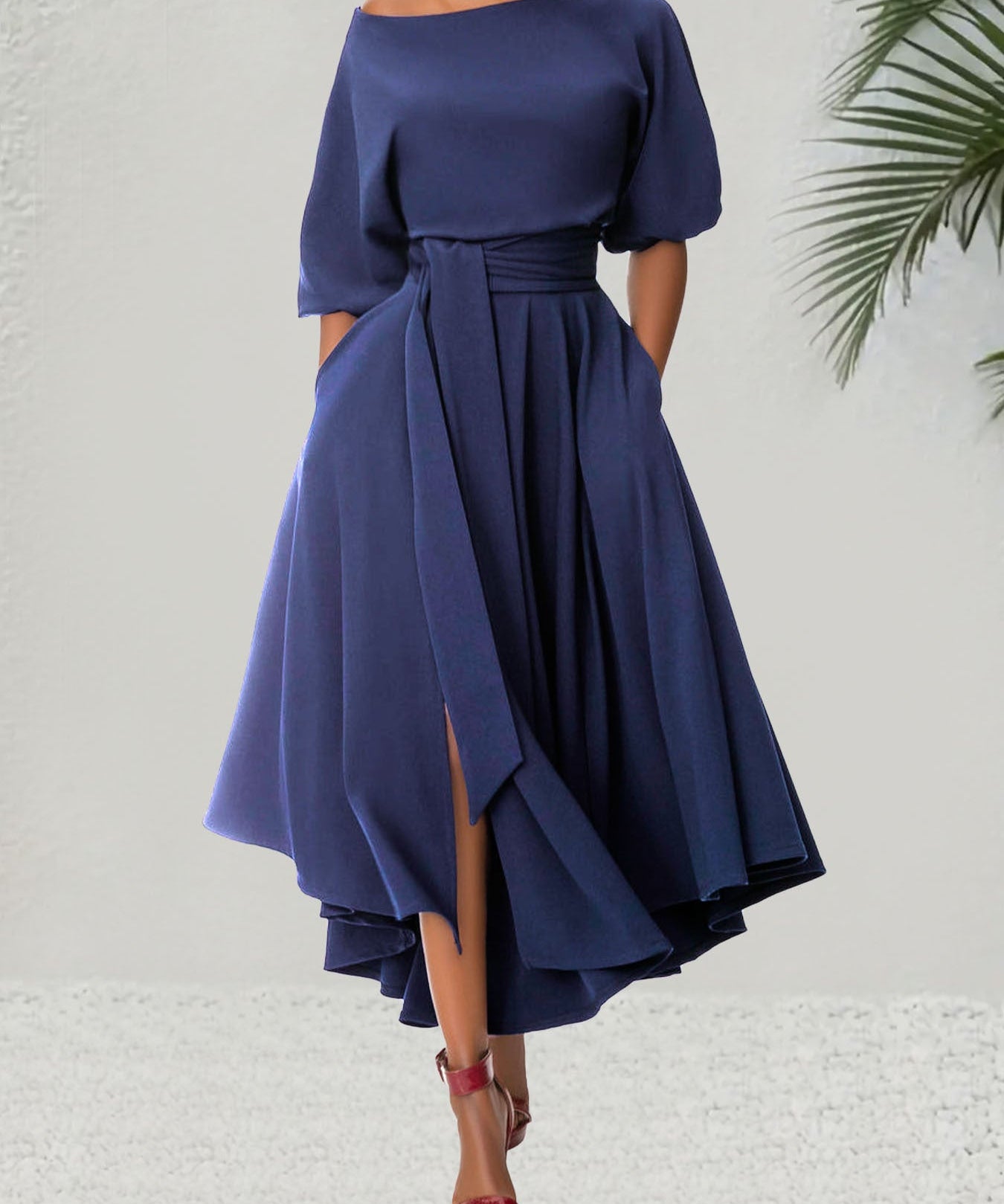 ZEBY™ - Elegant Women's Belted Bishop Sleeve Boat Neck A-Line Dress