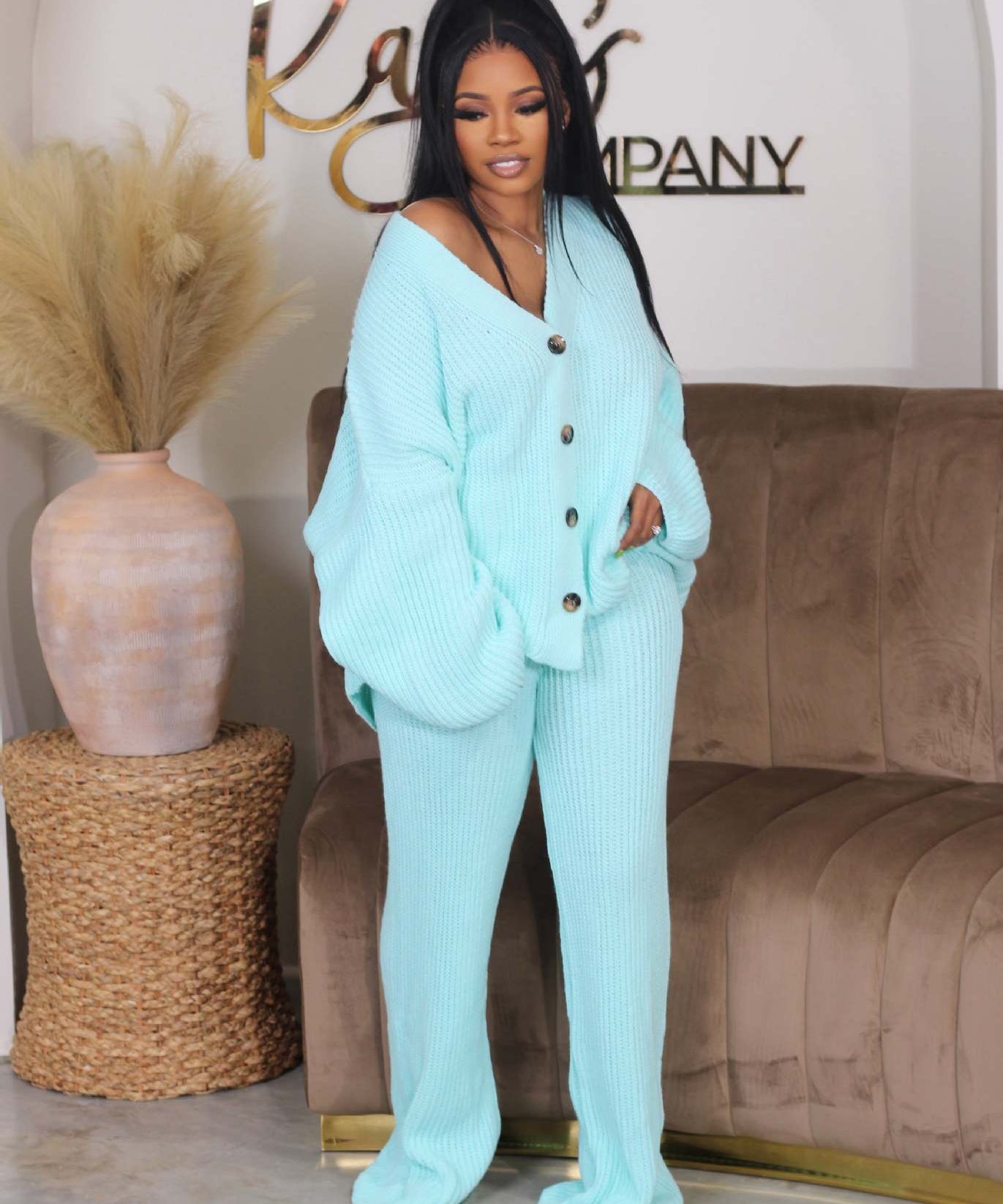 AMIKA™ - Casual V-Neck Cardigan and Wide Leg Pants Set