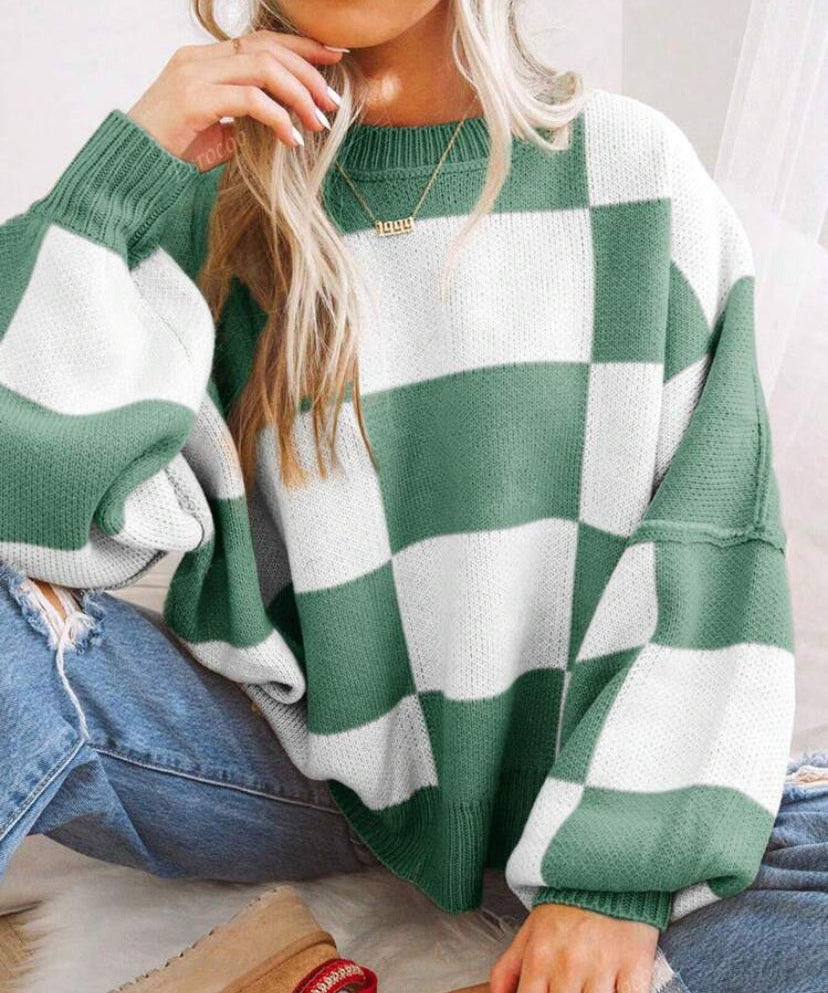 REVERIE™ - Casual Plaid Long Sleeve Round Neck Sweater