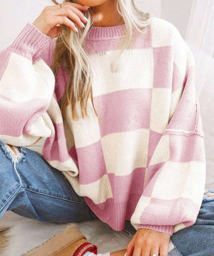 REVERIE™ - Casual Plaid Long Sleeve Round Neck Sweater